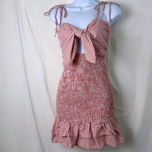 NWT Fashion Nova Pink Gingham Smocked Tie Front Mini Dress Size S Cottagecore